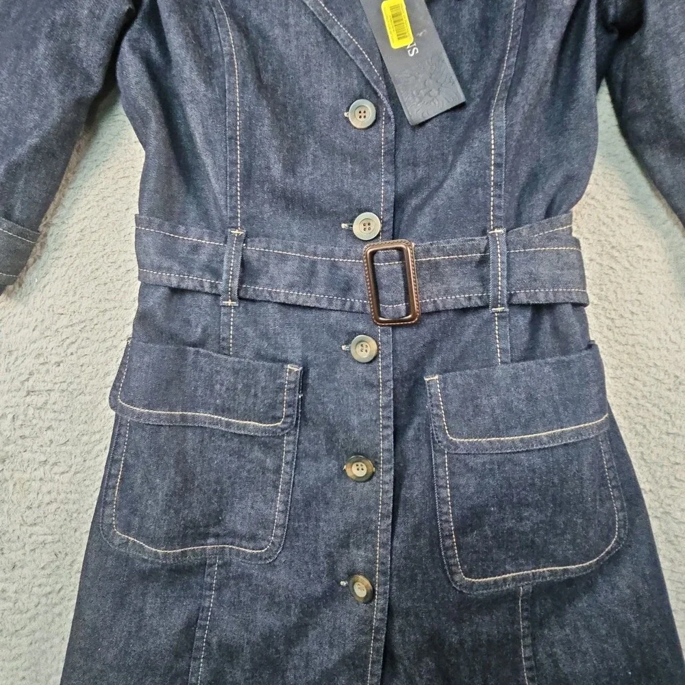Anne Klein AK Jeans Denim Trench Coat Dress Womens M Blue 3/4 Slv Belted Western